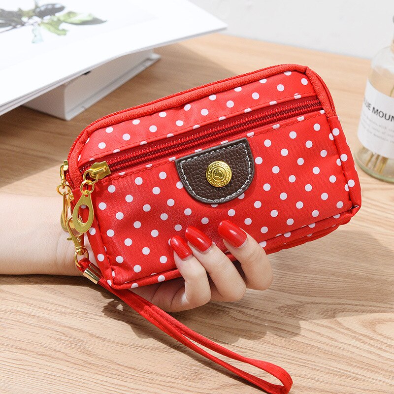 Women Wallet Cute Dot Canvas Three Zipper Multi-layer Fabric Mobile Phone Bag Female Clutch Pouch: Big Red Wine Red