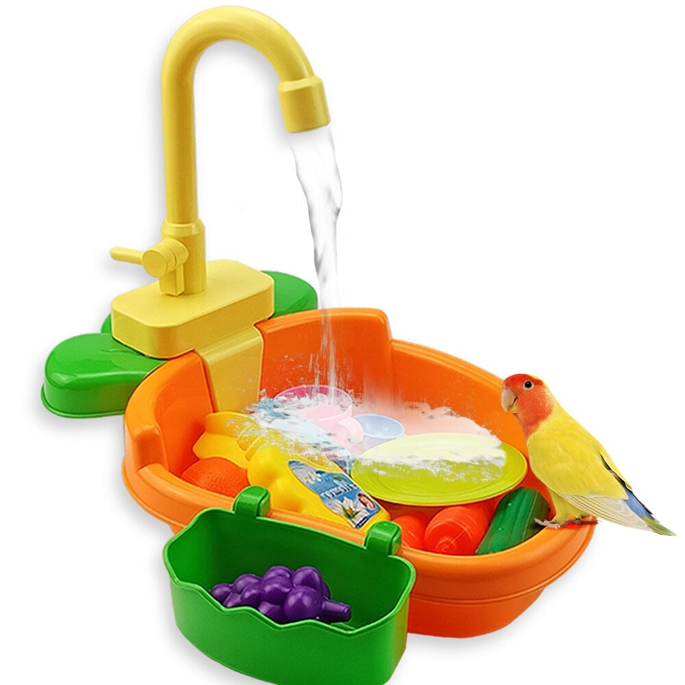 Automatic Bird Bath Tub with Faucet Pet Parrots Parakeet Cockatiel Fountains SPA Pool Shower Multifunctional Toy Cleaning Tool: orange