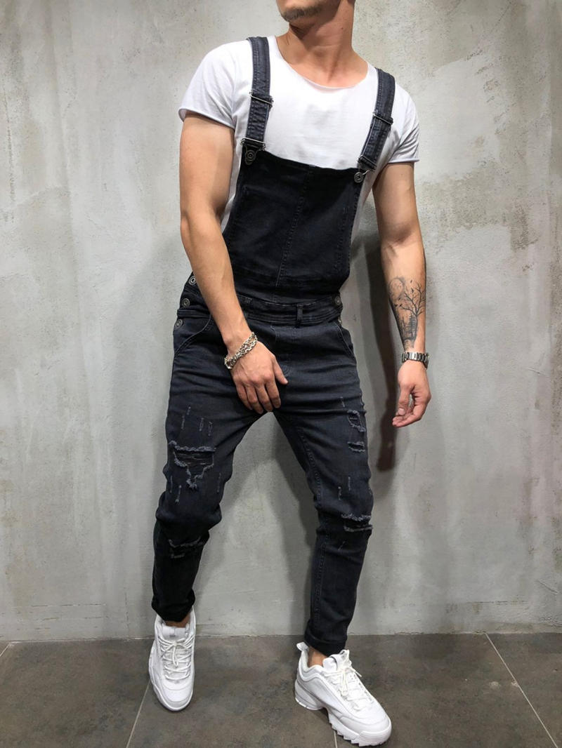 Män ripped cargo jeans jumpsuits distressed jeans haklappsbyxor overall man slim knä ripped hängselbyxor plus size s-xxxl