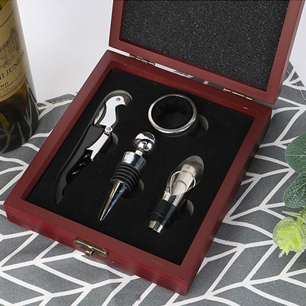 4PCS Wine Corkscrew Set With Wooden Box Opener Stopper Pour Spout Opener Set Drip Ring Wine Tools Wine Corkscrew Set