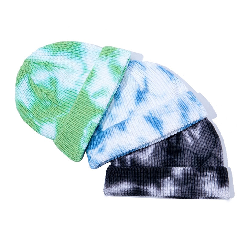 Unisex Autumn Winter Tie-Dye Ribbed Knitted Hat Soft Cuffed Short Melon Cap Men Women Sailor Style Beanie Hat