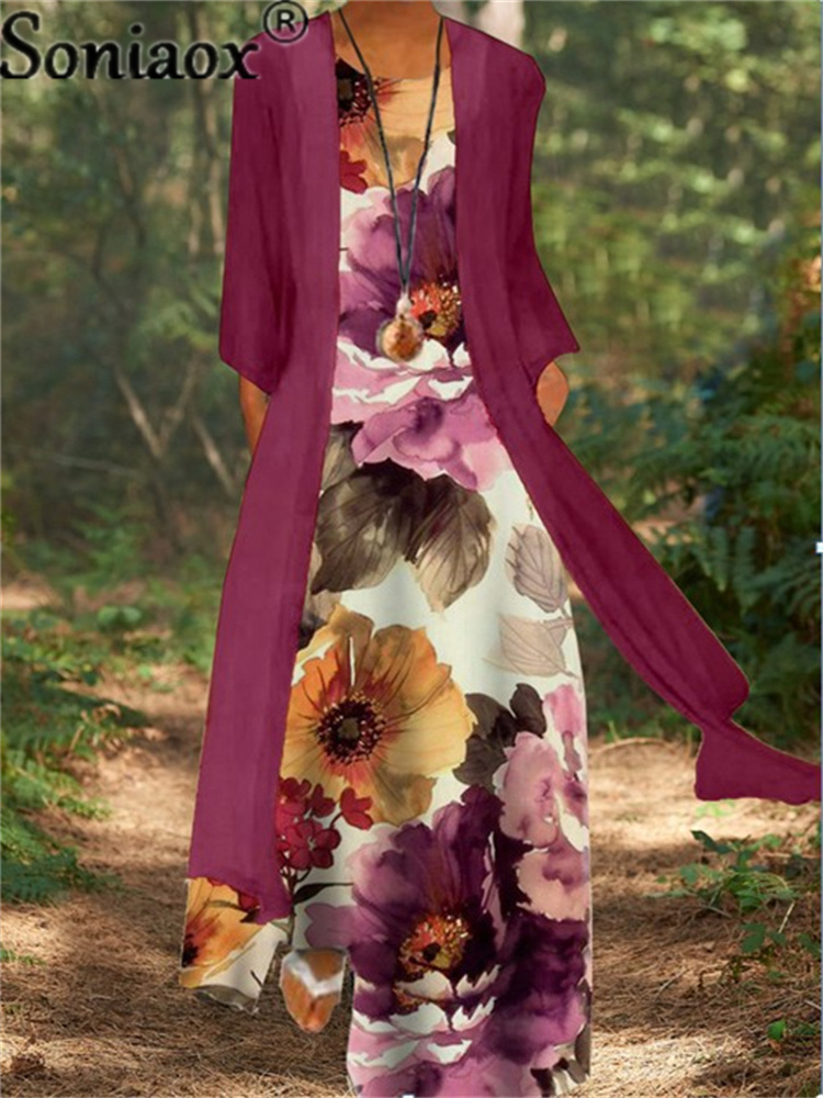 Two-Piece Set Lady Flower Print Sleeveless Maxi Dress With Cardigan Clothes Women Summer Boho Dresses Coat