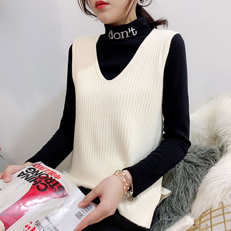 Strikket vest med v-hals, koreansk stil ensfarvet vest til kvinder løs vest stribet slim sweater frakke