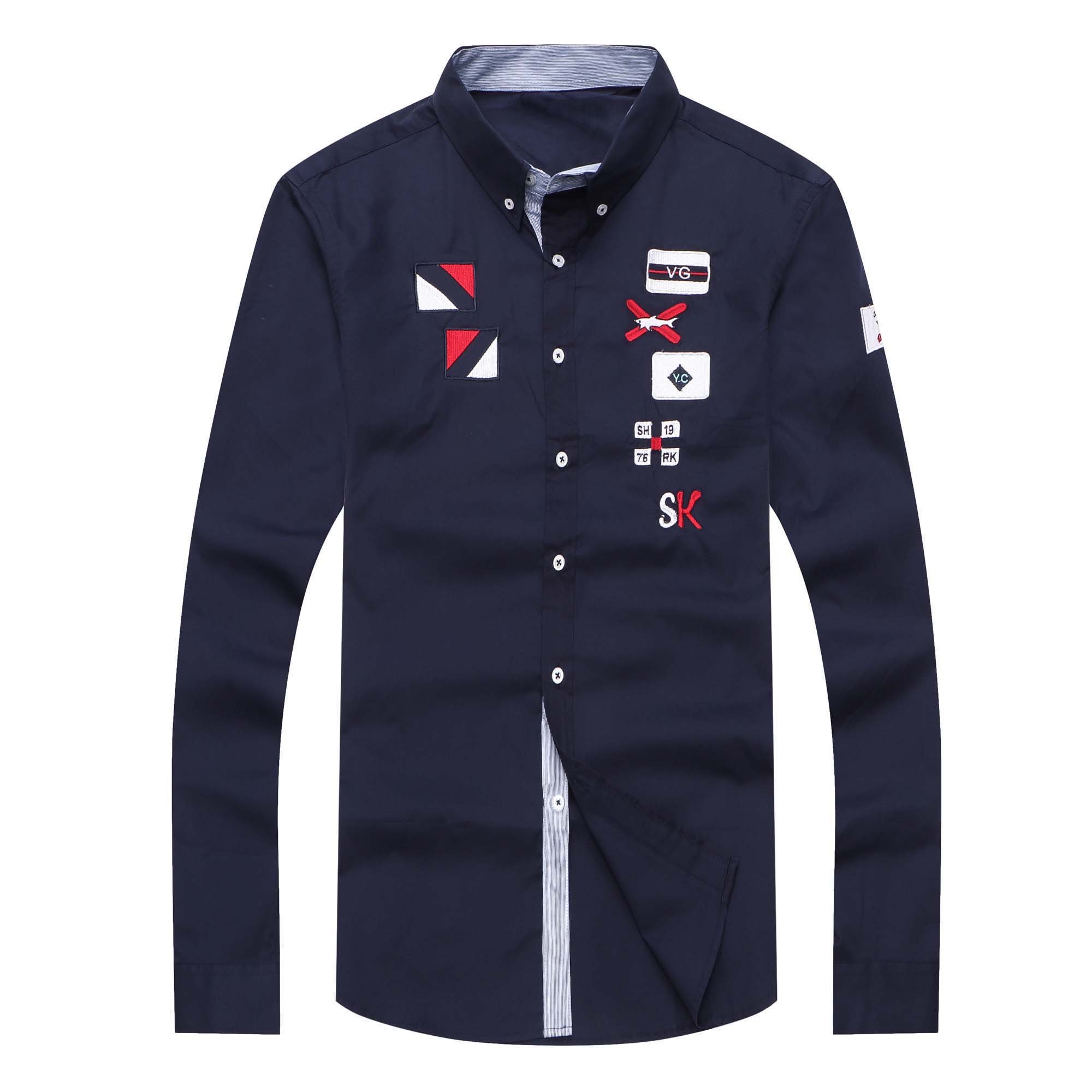 Borduurwerk Heren Casual Katoen Business Shirts Streetwear Luxe Mannen Lange Mouw Shark Shirts M-XXL: Blauw / Xl