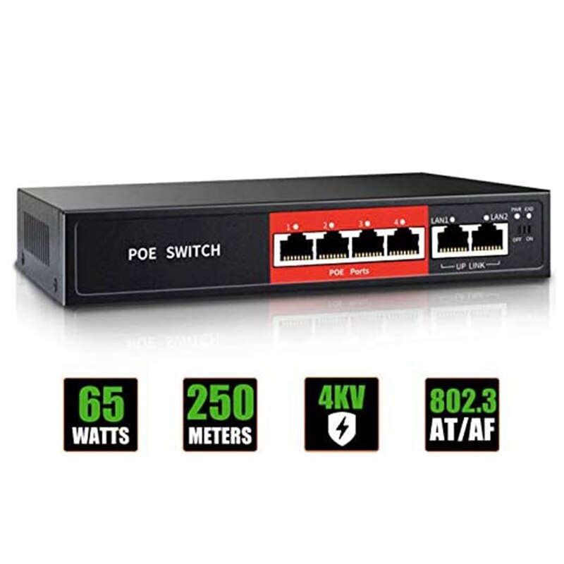 Interruptor POE de 48V y 65W, con 4 puertos de 100Mbps, IEEE 802,3 Af/At, sobre Ethernet, cámara IP, AP inalámbrico, sistema de cámara CCTV