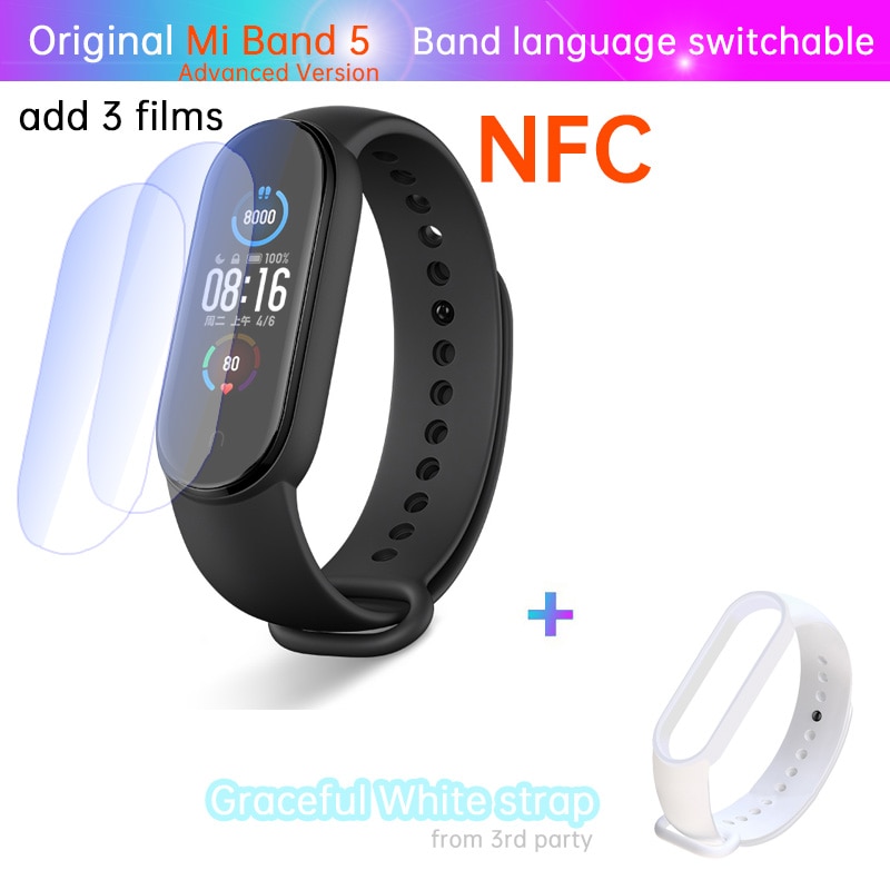 Xiaomi-Pulsera deportiva inteligente Mi Band 5 para mujer, monitor de salud, estándar o NFC, control de estrés, ritmo cardíaco, del sueño, contador de pasos, para deporte fitness y natación, incluye alarma: NFC n film white