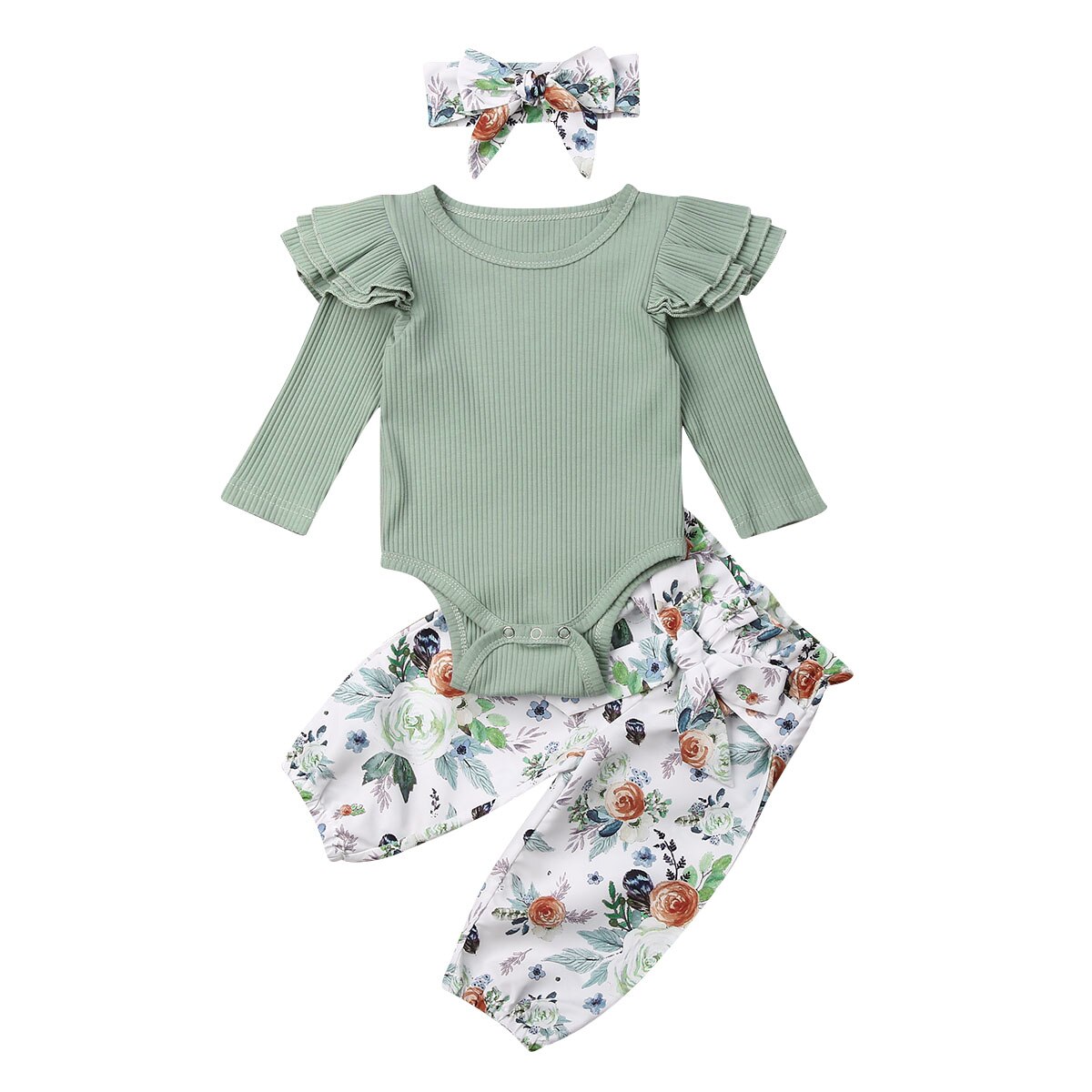 3Pcs Infant Baby Girls Tops Romper Floral Pants Outfits Set Clothes: Green / 6M
