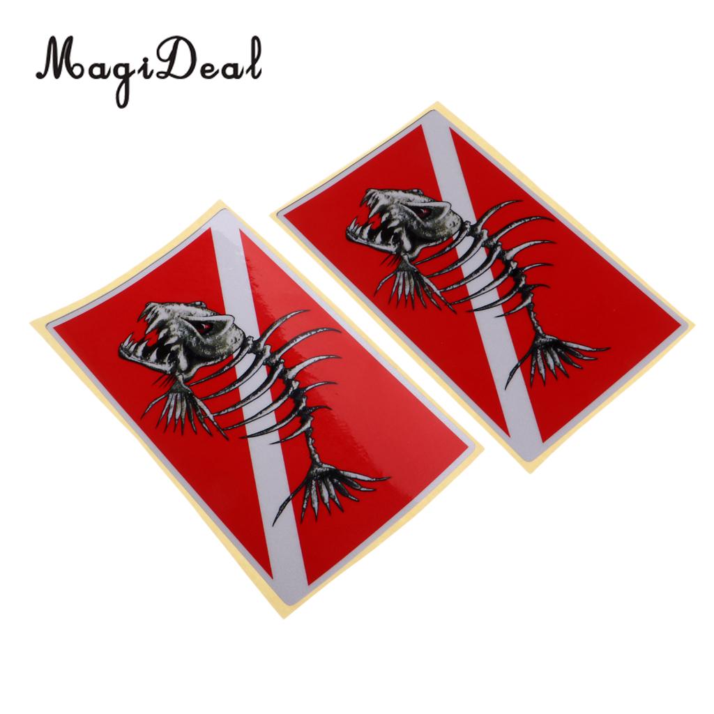 Pack 2 Large Reflective Skull, Diver Down, Fish Skeleton Sticker Decal for Scuba Diving, Snorkeling, Spearfishing, Freediving