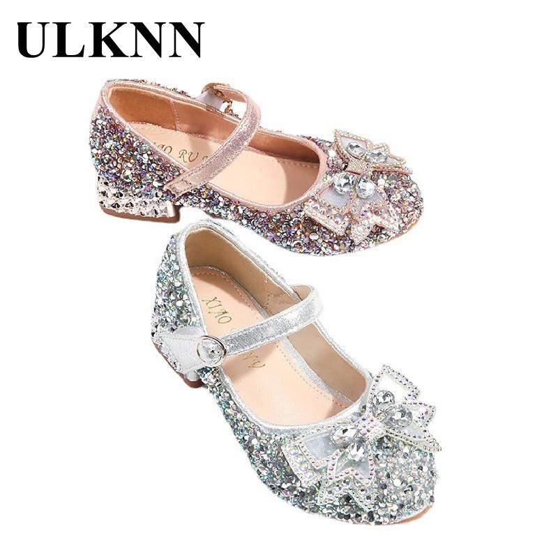 Girls high heel party shoes kids pink rhinestone single shoes fall kid's bow silever princess contracted high heels