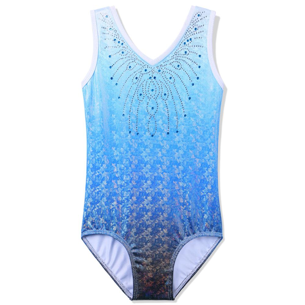 BAOHULU Sparkle Rhinestone Ballet Leotard Gradient Blue Color Gymnastics Costumes Teens Tank Activewear Dance Wear for 3-14 Year