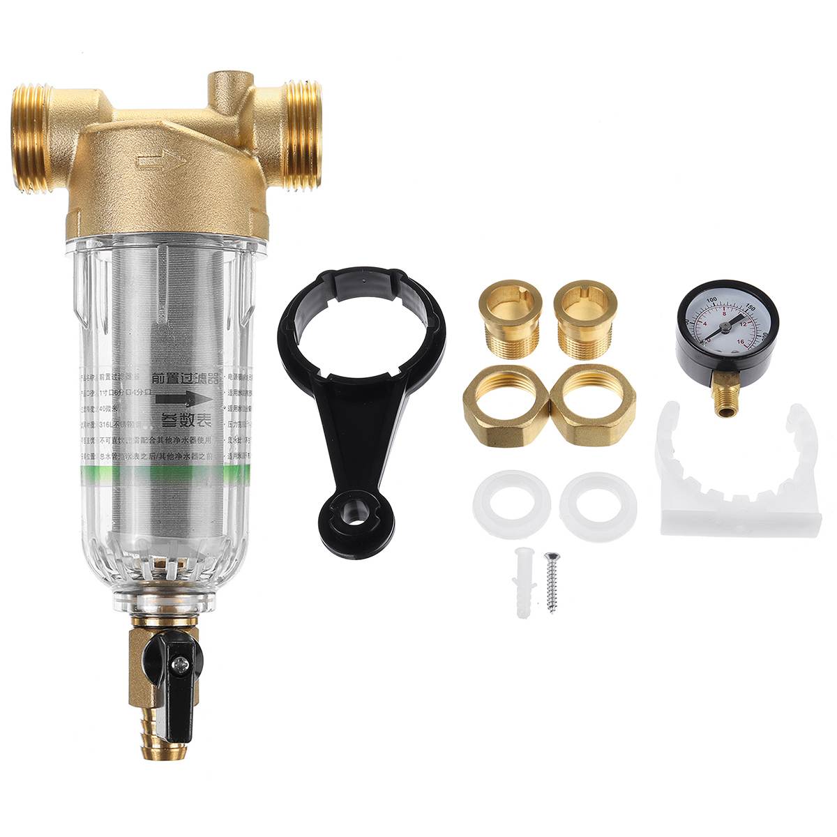 Water Pre Filter System 1 Inch & 1/2 Inch()Brass Mesh Prefilter Purifier W/ Reducer Adapter&Gauge Water Purifier Pre-filter