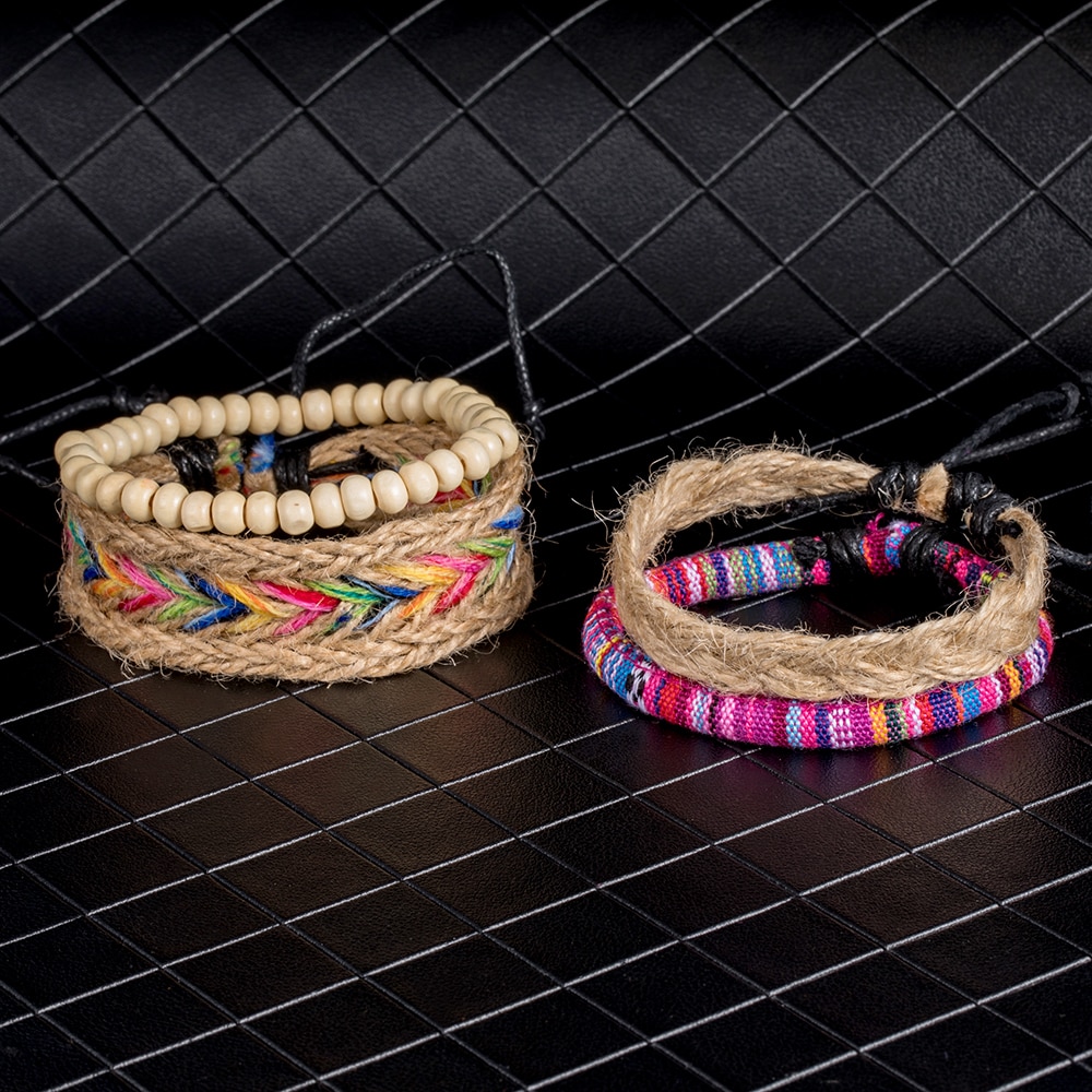 ALIUTOM 4PCS/Set Colorful Beaded Multilayer Handmade Hemp Rope Woven Bracelets Hippy Boho Embroidery Cotton Friendship Bracelets
