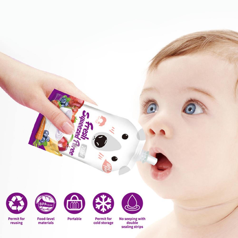8pcs/pack Kids Reusable Food Storage Bag Breast Milk Bag Portable Baby Food Pouch Infant Double Zipper Feeding Bags 200ML