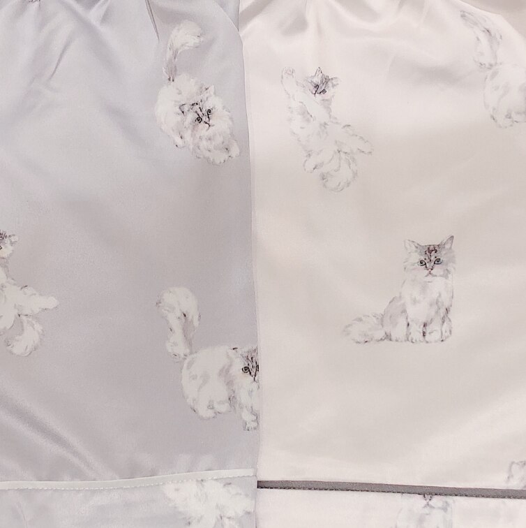 Japan gp katt tryck silke pyjamas nattkläder hemkläder