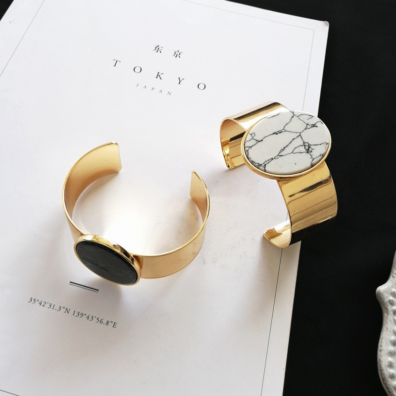 Jewelry Cuff Shiny Golden Plating Wide Metal Cuff With White Black Composite Stone Bracelet Women Jewelry Party