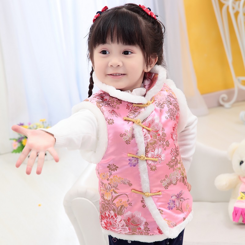 Roze Bloem Kinderen Vest Fleece Baby Meisje Vest Qipao Kleding Lente Festival Kid Jas Cheongsam Outfits Bovenkleding Tank Top