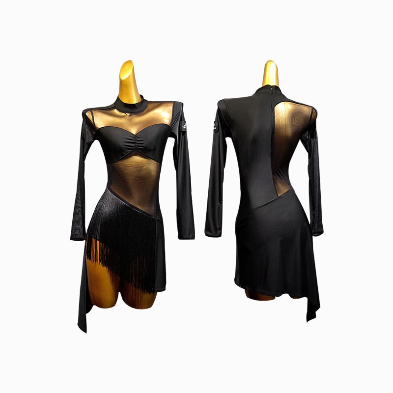 Latin Dance Dress Female Adult Dress Fringed Skirt Long Sleeve Dance Dress Tango Dress Women Ballroom Latin Dress