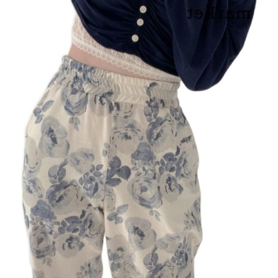 Women's Pants High Waist Floral Print Loungewear Female Loose Home Clothes Ulzzang Sleep Bottoms Korean Pajamas: L