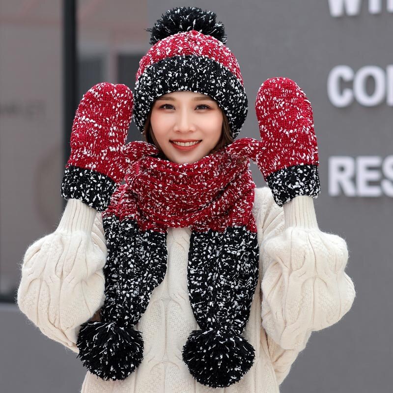 Drie Stuk Hoeden Sjaal Handschoenen Set Voor Vrouwen Hoed Herfst Winter Warm Mitten Pompom Gebreide Hoed Gilr Knit sjaal Sets: Bourgondië