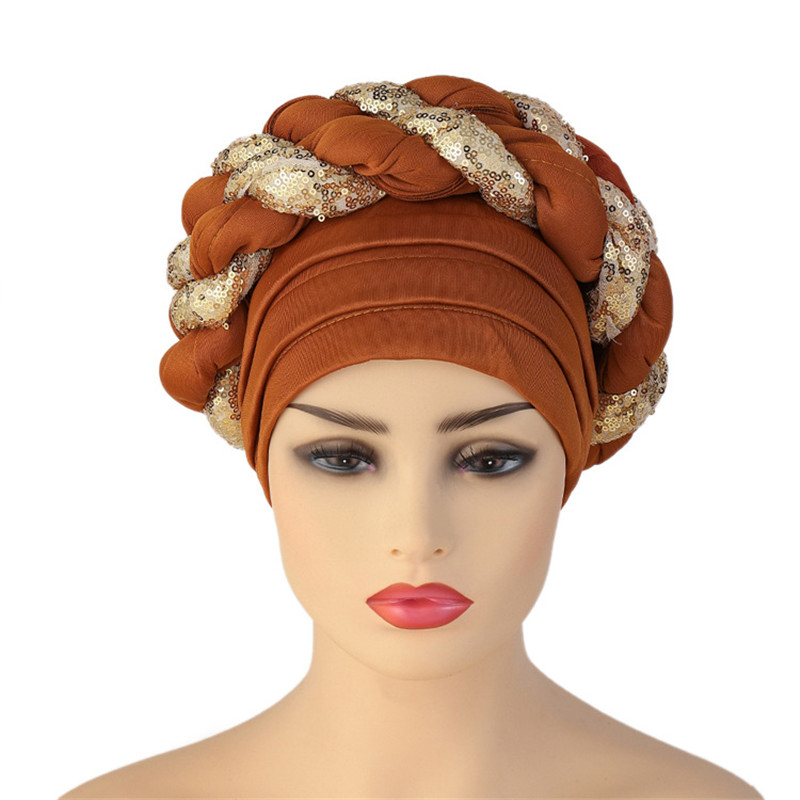 Gorro turbante trenzado de lentejuelas para mujer, tocado africano autogele: Gris