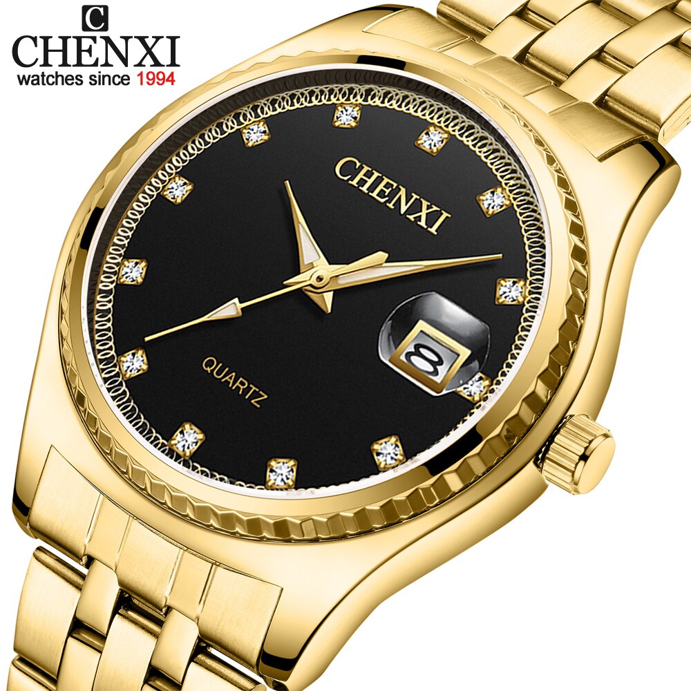Chenxi Horloge Mode Mannen Vrouwen Gold Quartz Horloge Staal Waterdicht Koppels Kalender Horloges Voor Man Vrouw