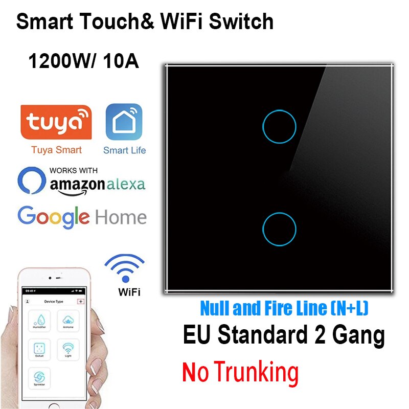 Tuya Touch Light Switch 1/2 Gang Intermediate Stair Switch EU Power Sensor Switches Black White With Glass Panel smart home: Black 2 Gang