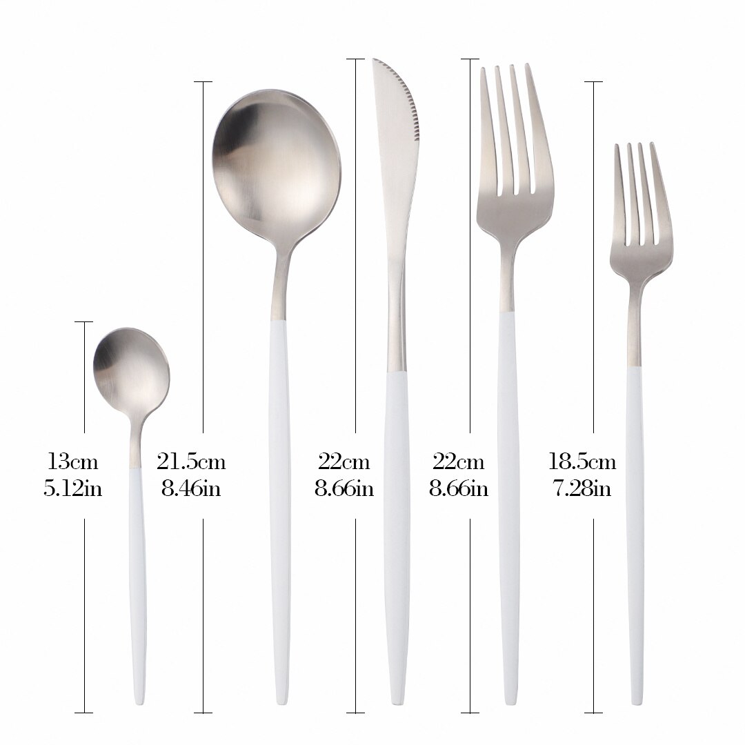 5Pcs Set Frosted Black Silver Combination Dinnerware Sets Stainless Steel Forks Knives Spoons Tableware Set Cutlery: matte white silver