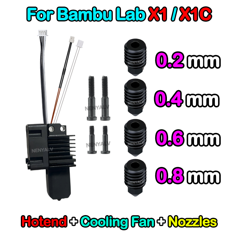 Bambu Lab X1/X1C/P1P/P1S Metal Hotend With Cooling Fan Hardened Brass Copper 0.2/0.4/0.6/0.8mm Nozzle 3D Printer