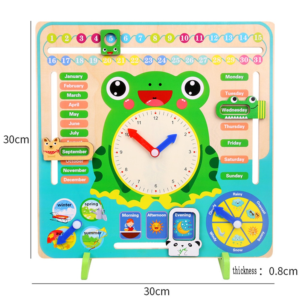 Wooden Cartoon Frog Calendar Clock Set Children Weather Time Cognitive Matching Toys Kids Early Learning Education Toys