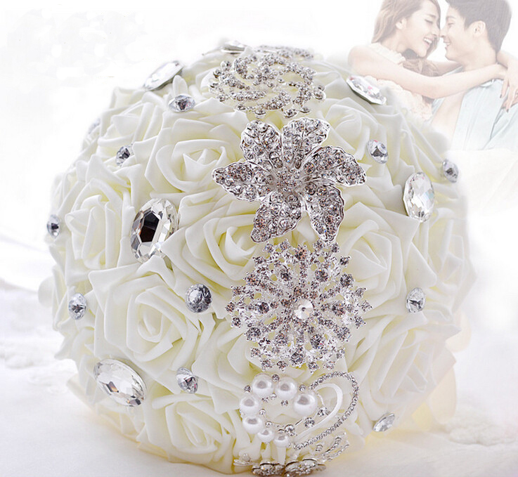 Bruiloft Bloemen Bruidsboeketten Crystal Kralen Kunstmatige Peony Rose Houder Met Lint Accessoires Bridal Levert