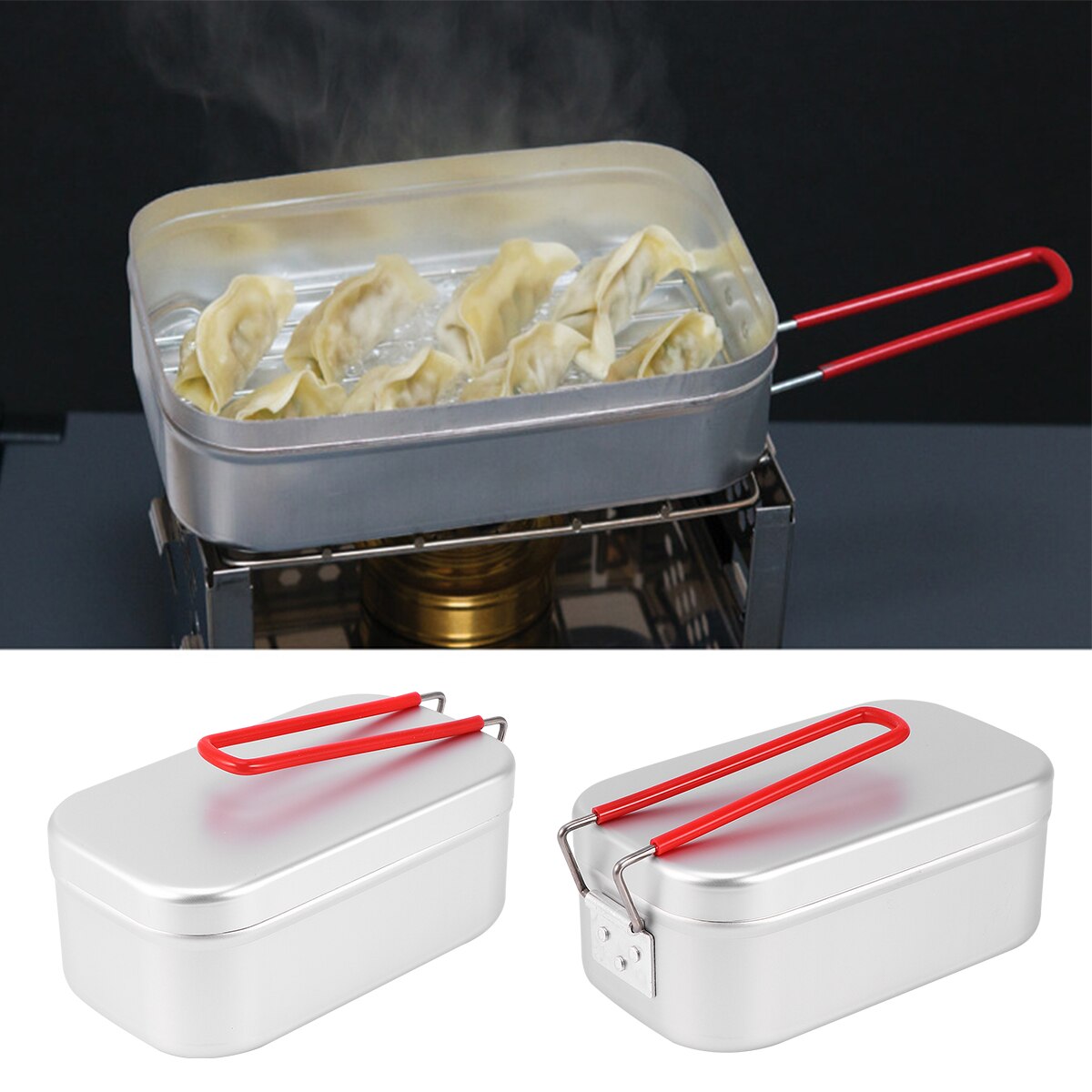 1Pc Aluminum Lunch Box With Red Folding Handle Portable Bento Box Mini Food Container for School Office Camping