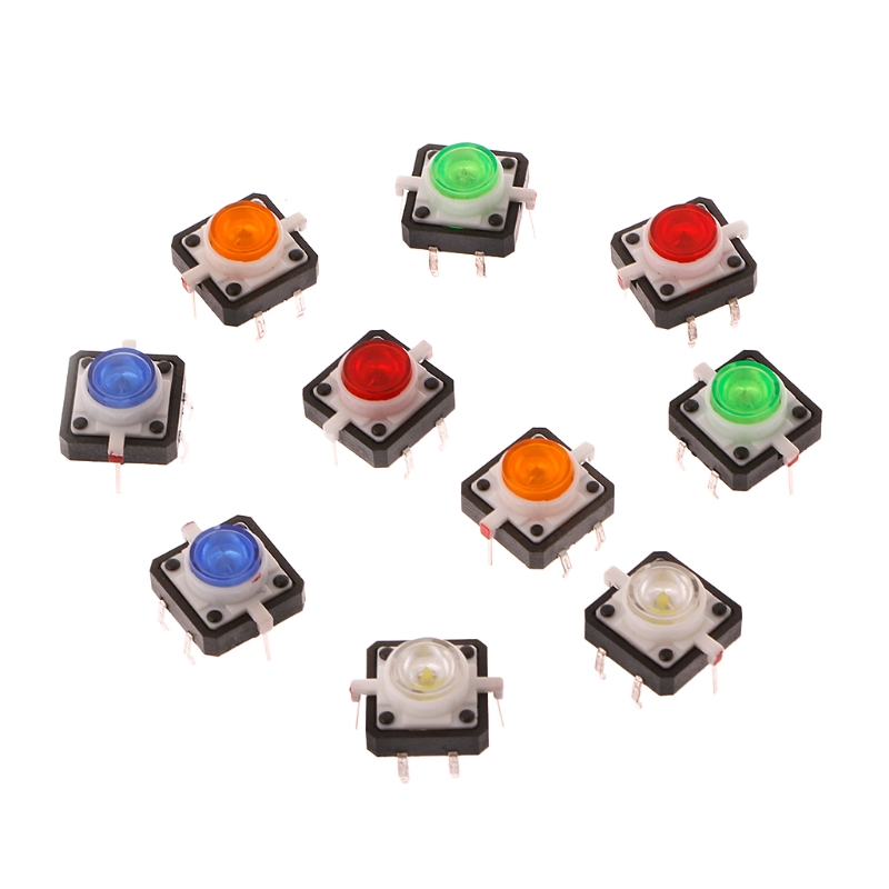 10 Pcs LED Light Momentary Tactile Tact Push Button Switch 12x12x7.3mm 5 Colors 87HA