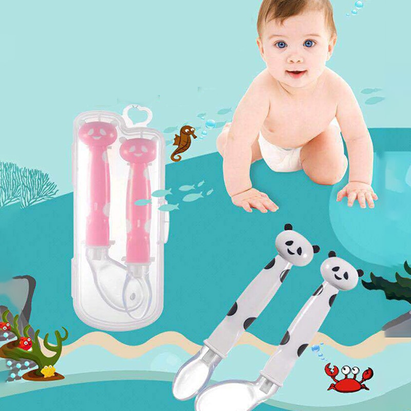 2 stuks/doos cartoon baby trainingslepel babyvoeding servies multifunctionele siliconen lepel peuter leer elastische buigkop lepel