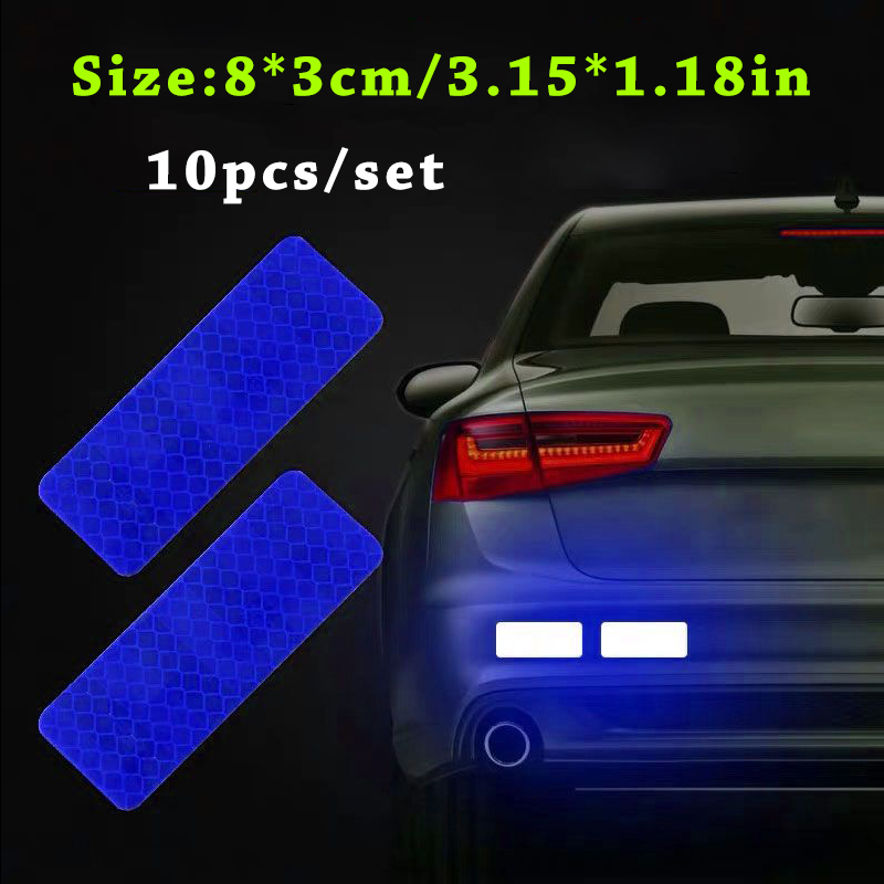 10 unids/set de pegatinas de tira de seguridad reflectantes para parachoques de coche, pegatina reflectante para coche, cinta de seguridad de advertencia reflectante: Azul