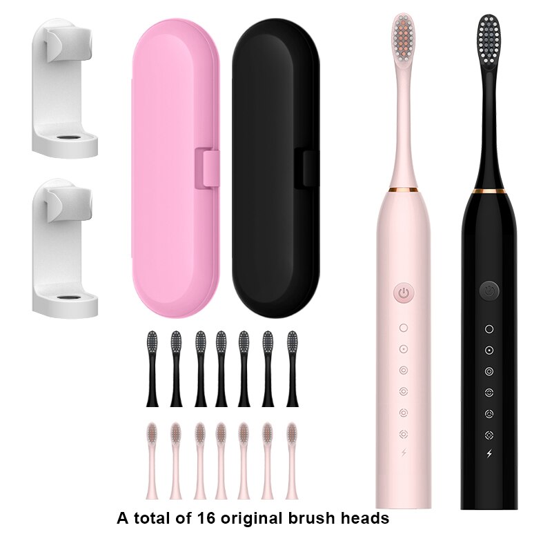Schall- Elektrische Zahnbürste + Zahn Pinsel Kopf + Reise Kasten + Zahnbürste Halfter Ultra Schall- Automatische USB Aufladbare IPX7 Wasserdicht: Schwarz Rosa 8Kopf einstellen