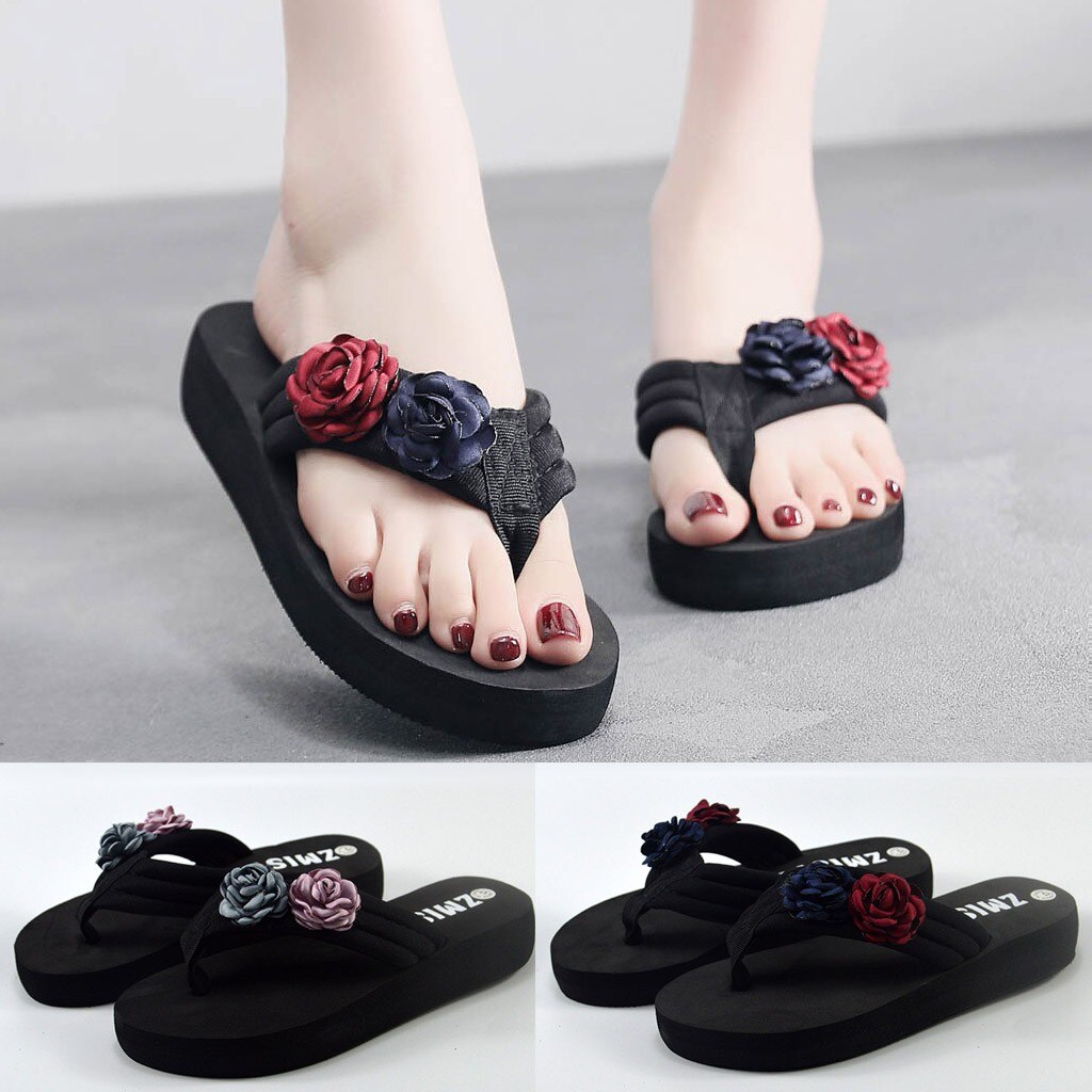 Flowers Women Flip Flops Wedges Platform Sandals Women Non-slip Open Toe Summer Slippers Shoes F2