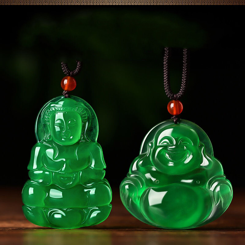 Grün Jade Chalcedon Hand Geschnitzt Guanyin Buddha Anhänger Schmuck Chalcedon Achat Liebhaber Halskette zur Seite fahren Kette