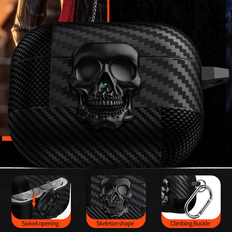 Pak Thug Skull Series Hoofdtelefoonhoes voor Airpods 4 Magnetische hoofdtelefoonhoes voor Airpods Pro 2 3 2 1 Koolstofvezelhoes met haak