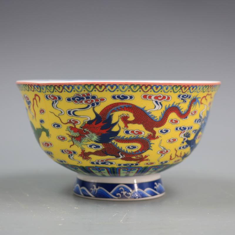 Qing -dynastin qianlong år mark gul glasyr drake moln mönster skål antik emalj porslin hem dekoration prydnad skål: Default Title