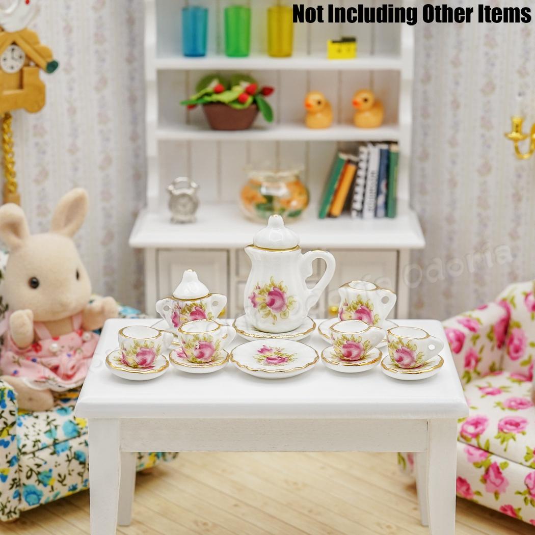 Odoria 1:12 miniaturowe 15 sztuk różowa róża perkal złote wykończenia zestaw filiżanek robić herbaty porcelanowe zastawy stołbyć winnym kuchnia akcesoria robić domku dla lalek wystrój