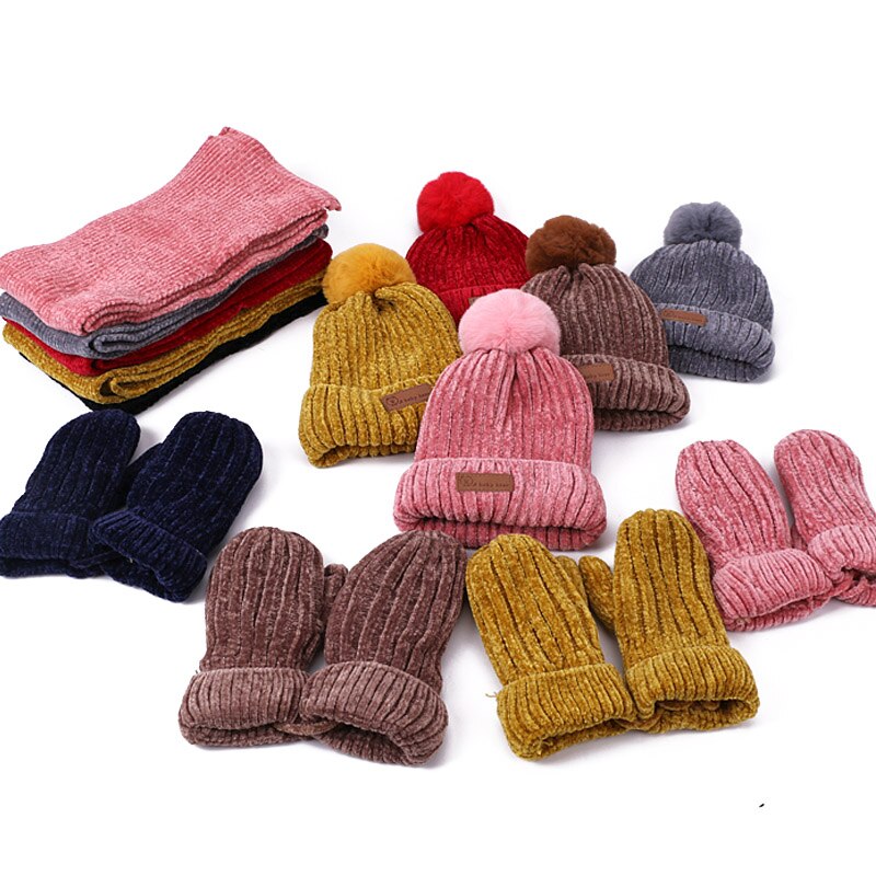 Børn vinter pompon beanie hatte tørklæde handsker sæt strikket varm tyk corchet chenille beanie og tørklæde vanter til drenge og piger