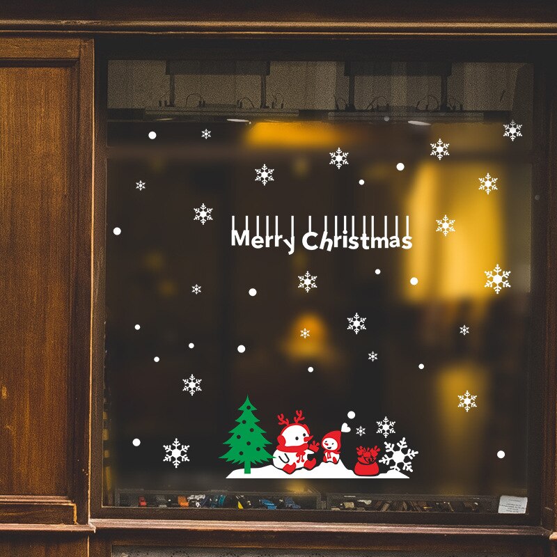 Christmas theme store window stickers Modern art murals Home decoration Cartoon couple snowman wall stickers: Default Title