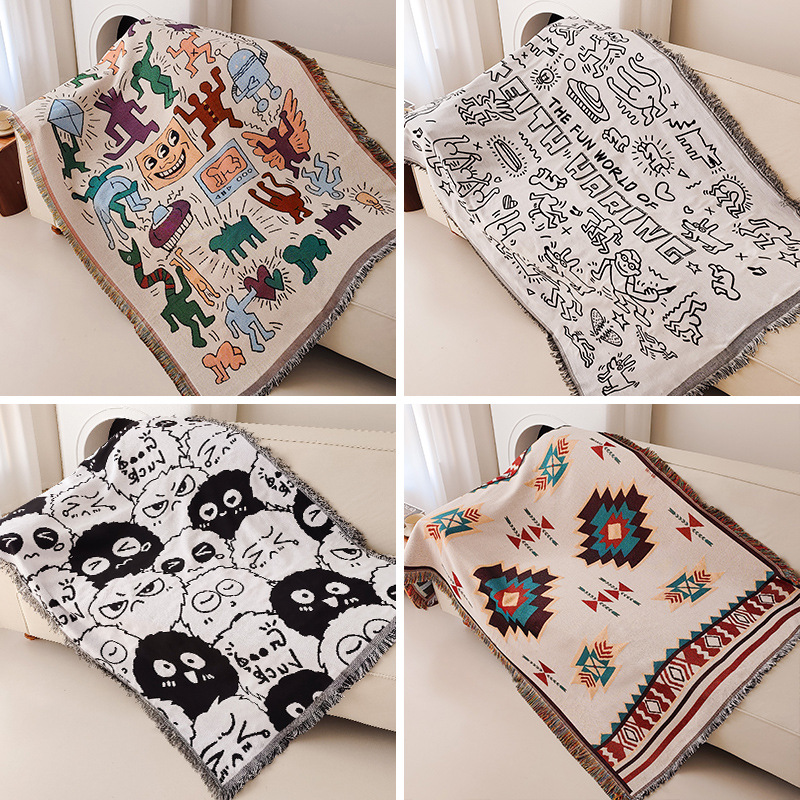 Gooi deken Cartoon bankhoes Dubbel gebruik Bedden Dekens Picknickmat met kwastje Slaapbank Universeel Decoratief