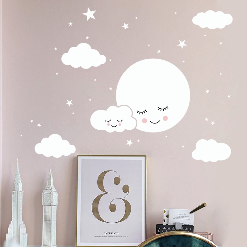 Respetuoso con el medio ambiente blanco nubes de dibujos animados Luna pegatinas de pared bebé habitación niños removible de decoración de habitación vinilo pared calcomanías habitaciones decoración del hogar