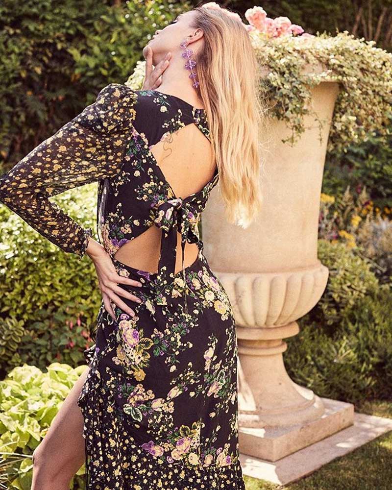 BOHO INSPIRED ROSS MIDI DRESS women Sheer Chiffon Sleeves black floral party dress Keyhole back boho dress female chic vestidos