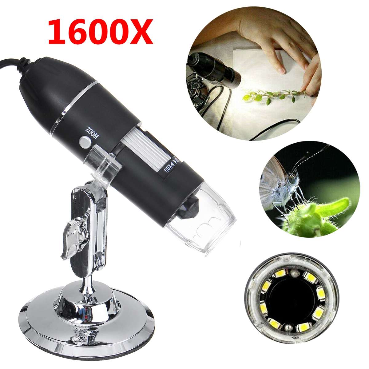 1600X USB Digital Microscope Camera Endoscope 8LED Magnifier with Metal Stand: Default Title