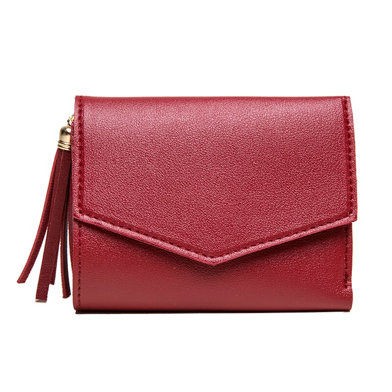 Trend Women Short Small Coin Purse Wallet Ladies PU Leather Folding Card Card Holder Tassel Decor Casual Bags: Red