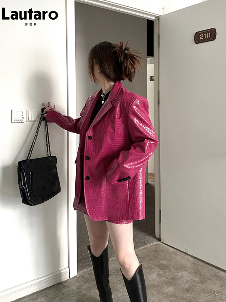 Lautaro-krokodillenprint lak PU lederen blazer dames, casual glanzende krokodillenprint, enkele rij knopen, luxe designerkleding