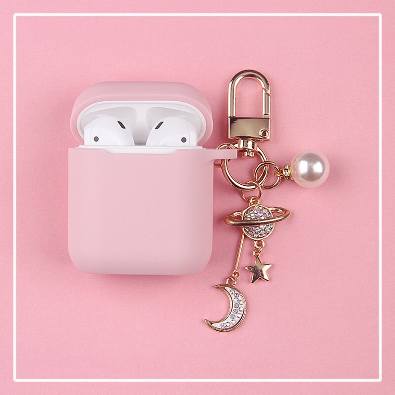 Luxury Diamond Moon Silicone Case for Apple Airpods Case Accessories Bluetooth Earphone Headphones Protect Cover Pearl Key Ring: High Quality Pink