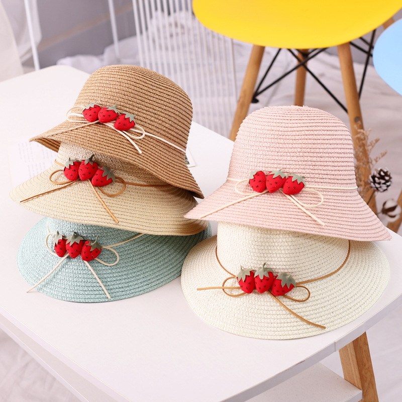 bonnet bebe fille Ensemble chapeau et sac en paille ondulé à la fraise pour fille, 2 pièces, accessoires de protection solaire pour enfants de 3 à 8 ans, printemps et été